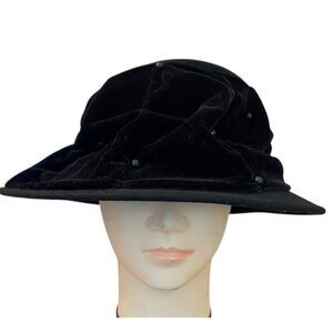 Vintage Betmar Womens Black Wool Felt Fedora Hat Velvet Beaded Detail Wide Brim